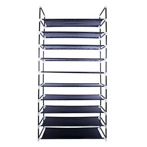 10-Tier Shoe Rack Space Saving Shoe Tower Shelf Cabinet, 50 Pairs Portable Shoe Storage Organizer, Non-Woven Fabric Shoe Rack Closet, Black