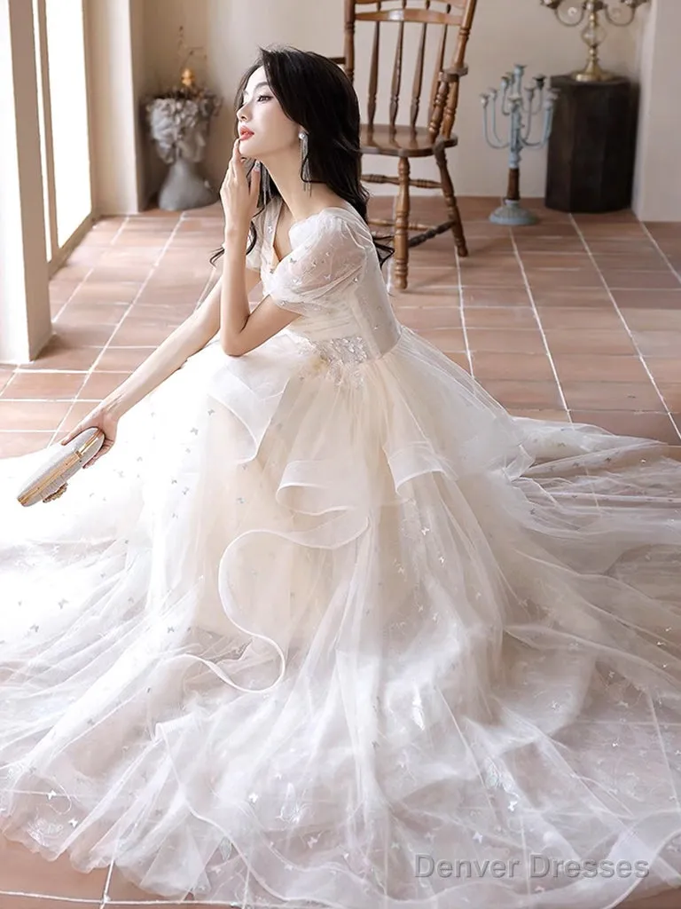 A-Line Light Champagne Tulle Lace Long Prom Dress, Light Champagne Long Evening Dress