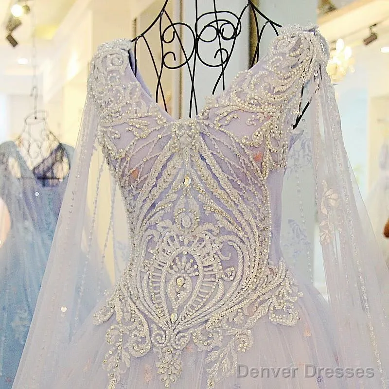 A Line V Neck Lace Crystal Beaded White/ Light Blue Wedding Dresses Floor Length