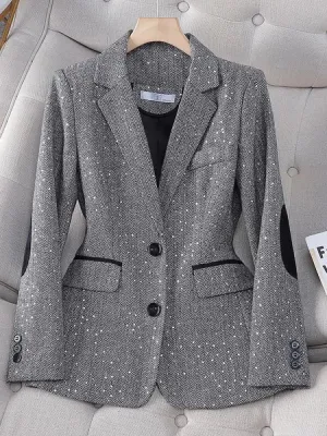 Aiertu 2024 Autumn Retro Gray Splice Plaid Sequins Blazers Coat For Women Brown Elegant Business Vintage Ladies Suit Jacket Fashion Y2k