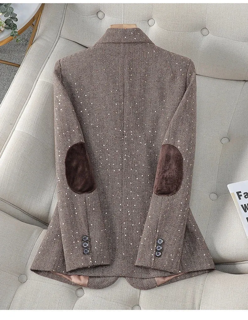 Aiertu 2024 Autumn Retro Gray Splice Plaid Sequins Blazers Coat For Women Brown Elegant Business Vintage Ladies Suit Jacket Fashion Y2k