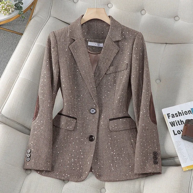 Aiertu 2024 Autumn Retro Gray Splice Plaid Sequins Blazers Coat For Women Brown Elegant Business Vintage Ladies Suit Jacket Fashion Y2k