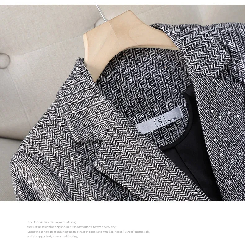 Aiertu 2024 Autumn Retro Gray Splice Plaid Sequins Blazers Coat For Women Brown Elegant Business Vintage Ladies Suit Jacket Fashion Y2k