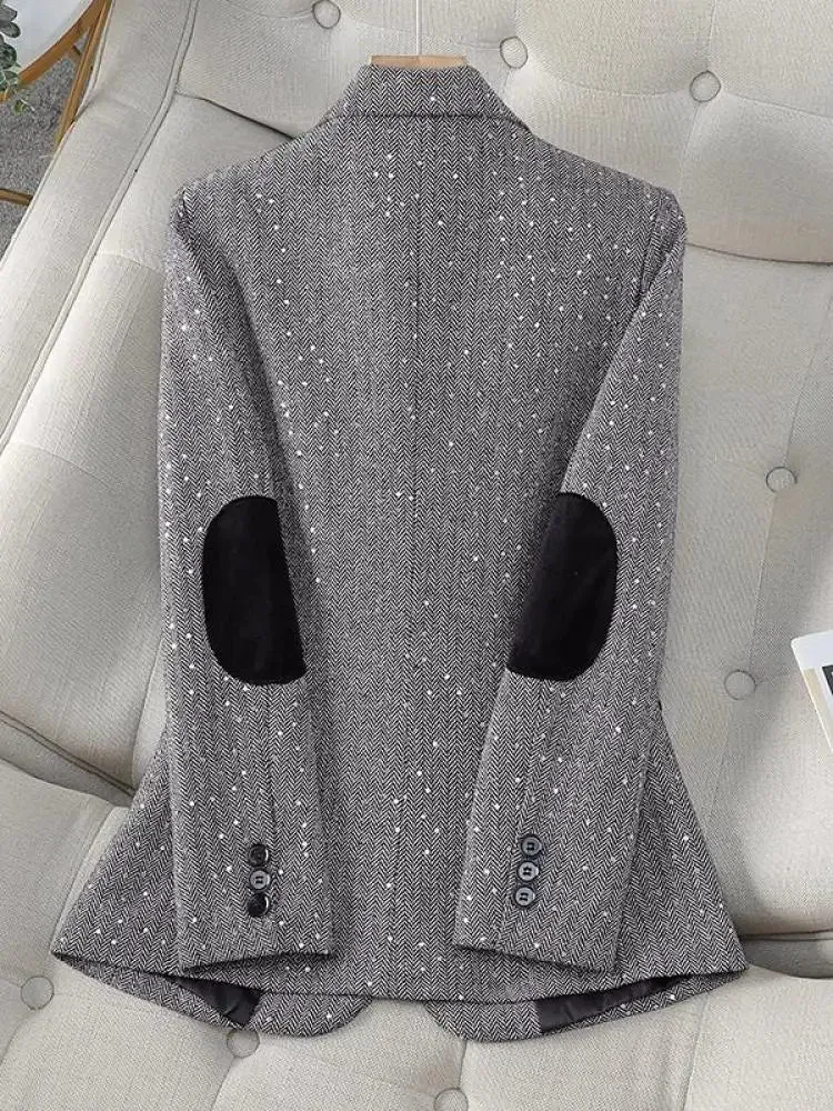 Aiertu 2024 Autumn Retro Gray Splice Plaid Sequins Blazers Coat For Women Brown Elegant Business Vintage Ladies Suit Jacket Fashion Y2k
