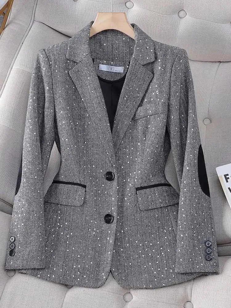 Aiertu 2024 Autumn Retro Gray Splice Plaid Sequins Blazers Coat For Women Brown Elegant Business Vintage Ladies Suit Jacket Fashion Y2k
