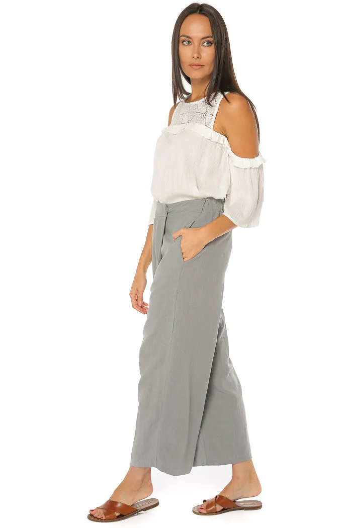 Asymmetrical Fold Over Waist Pants - Grey