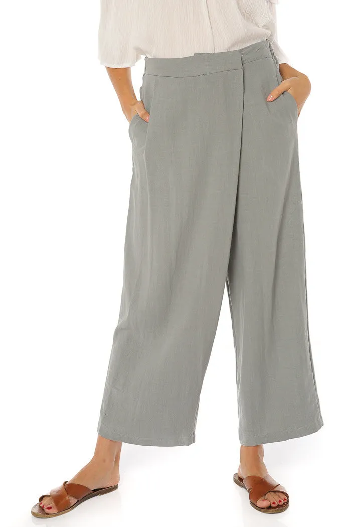 Asymmetrical Fold Over Waist Pants - Grey