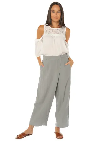 Asymmetrical Fold Over Waist Pants - Grey