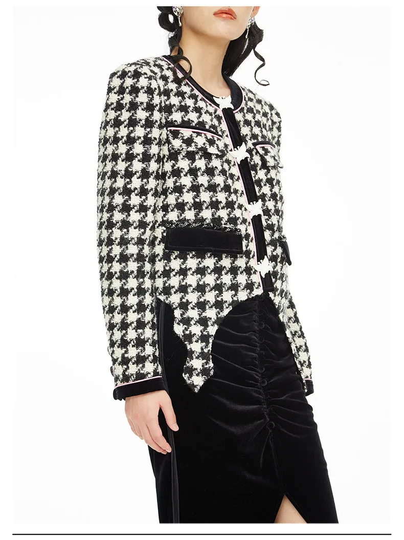 Autumn Winter Retro Butterfly Tail Shaped Velvet Houndstooth Jacket - Samara