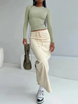 Cargo Casual Solid Color Drawstring Split Long with Pockets for Beach Vacation Club Streetwear Vintage Summer Skirt