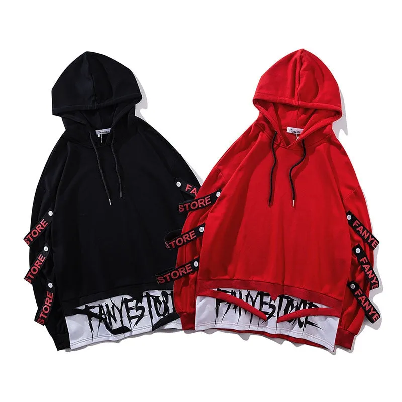 Casual Hoodies Fake Double Pieces Multi Ribbons Men Sweatshirts