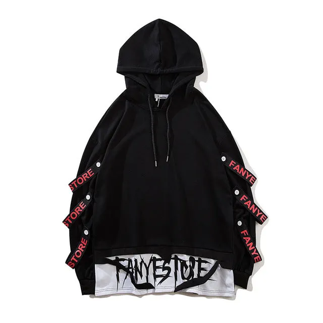 Casual Hoodies Fake Double Pieces Multi Ribbons Men Sweatshirts