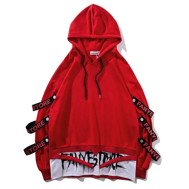 Casual Hoodies Fake Double Pieces Multi Ribbons Men Sweatshirts
