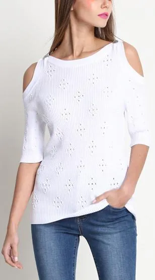 Cold-Shoulder Knit Top, White