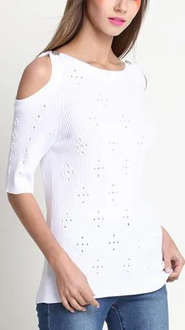 Cold-Shoulder Knit Top, White