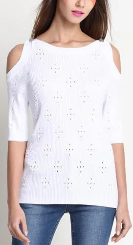 Cold-Shoulder Knit Top, White