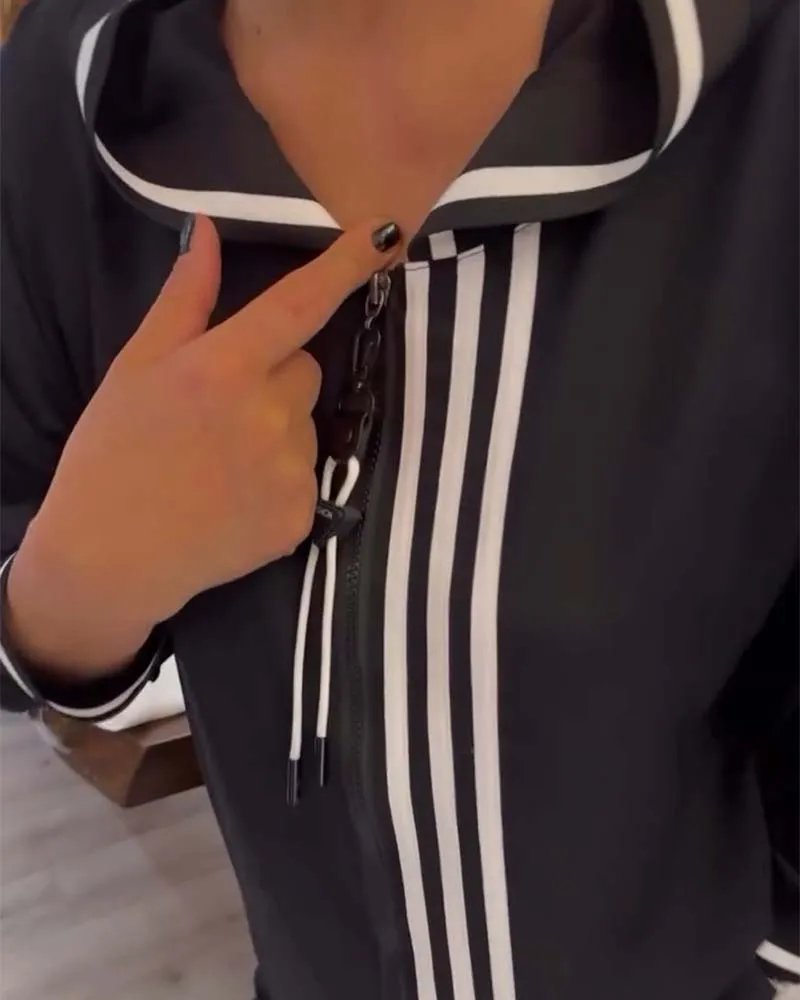 Contrast stripe print casual hoodie