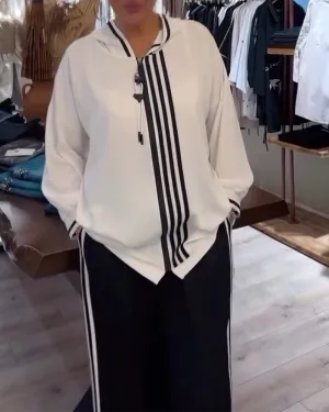 Contrast stripe print casual hoodie