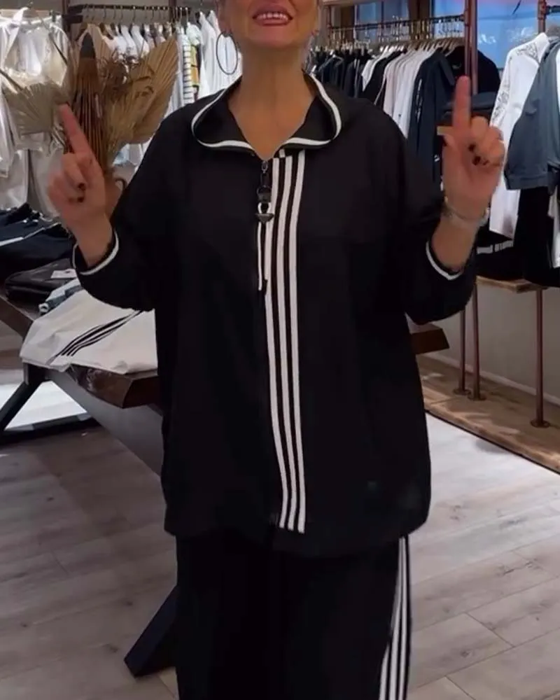 Contrast stripe print casual hoodie