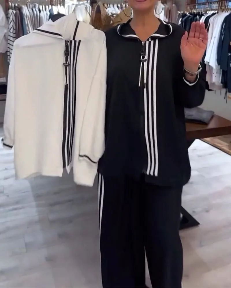 Contrast stripe print casual hoodie