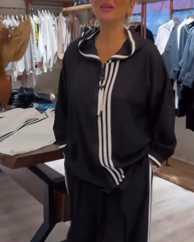 Contrast stripe print casual hoodie