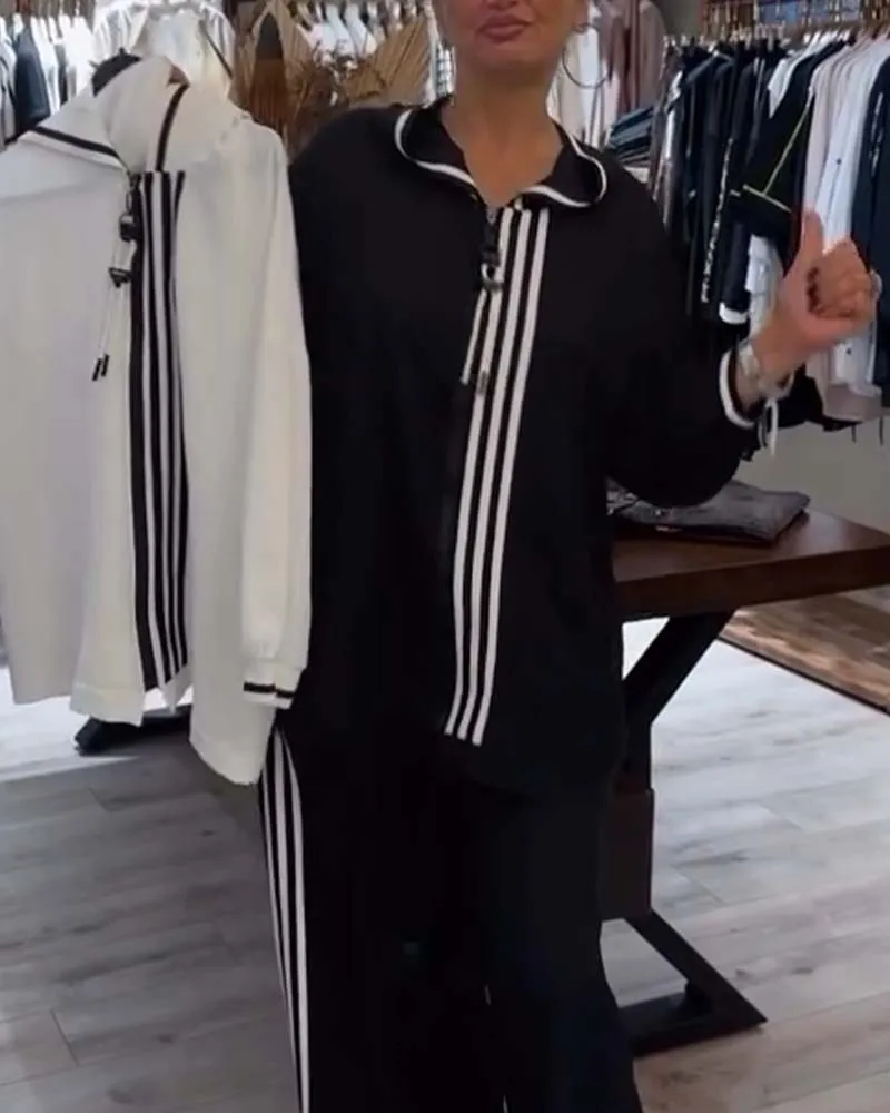 Contrast stripe print casual hoodie