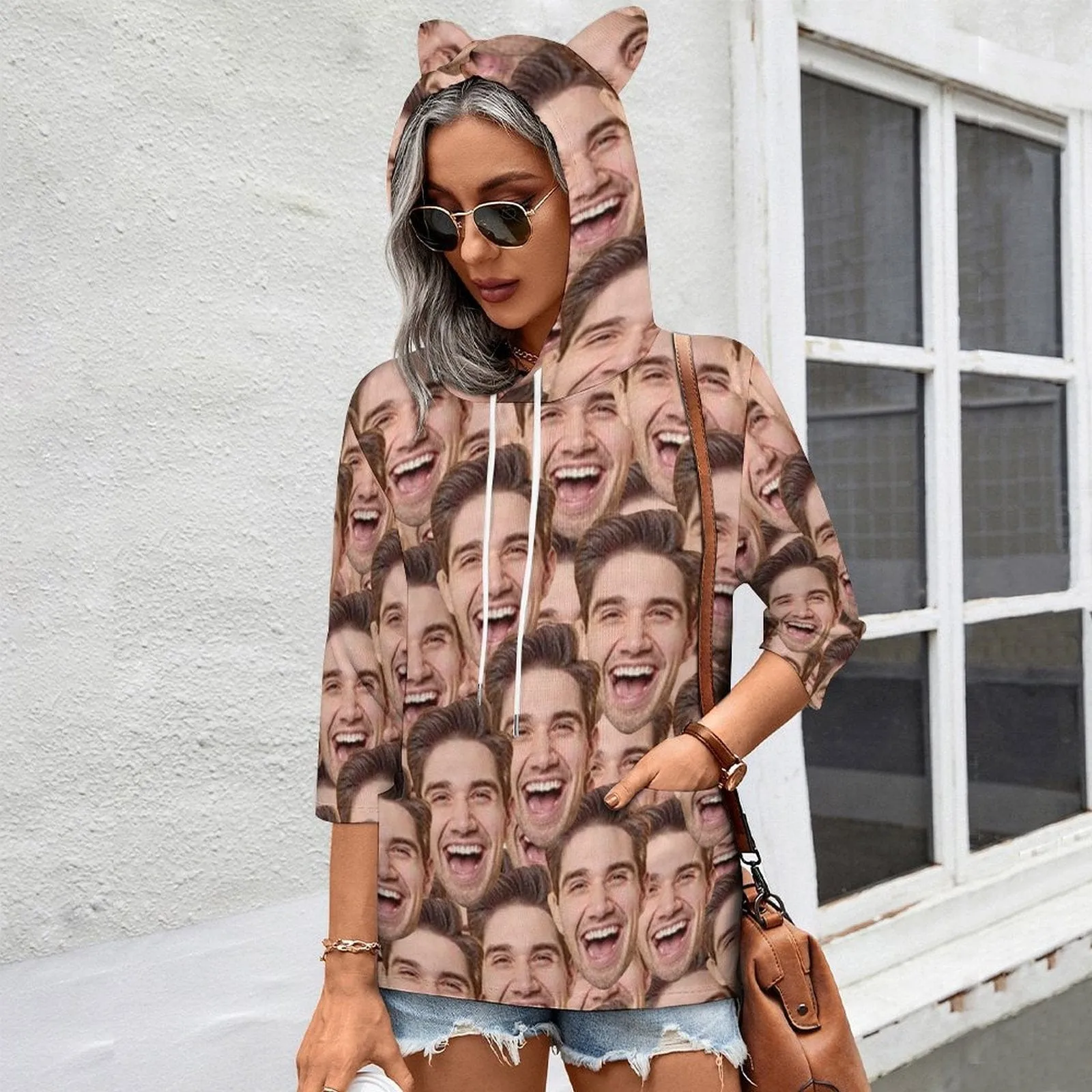 Custom Seamless Face Hoodie Three Quarter Sleeve Cool Hoodie Designs Women's Cat Ear Hooded Pullover
