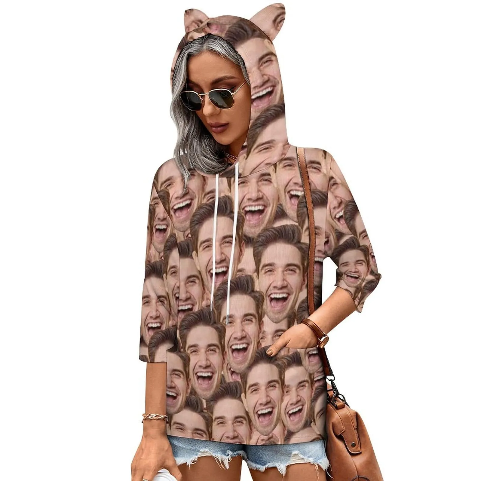 Custom Seamless Face Hoodie Three Quarter Sleeve Cool Hoodie Designs Women's Cat Ear Hooded Pullover