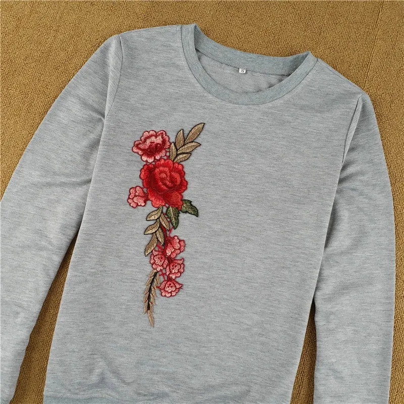 Flower Embroidery Round Collar Long Sleeves Sweatshirt