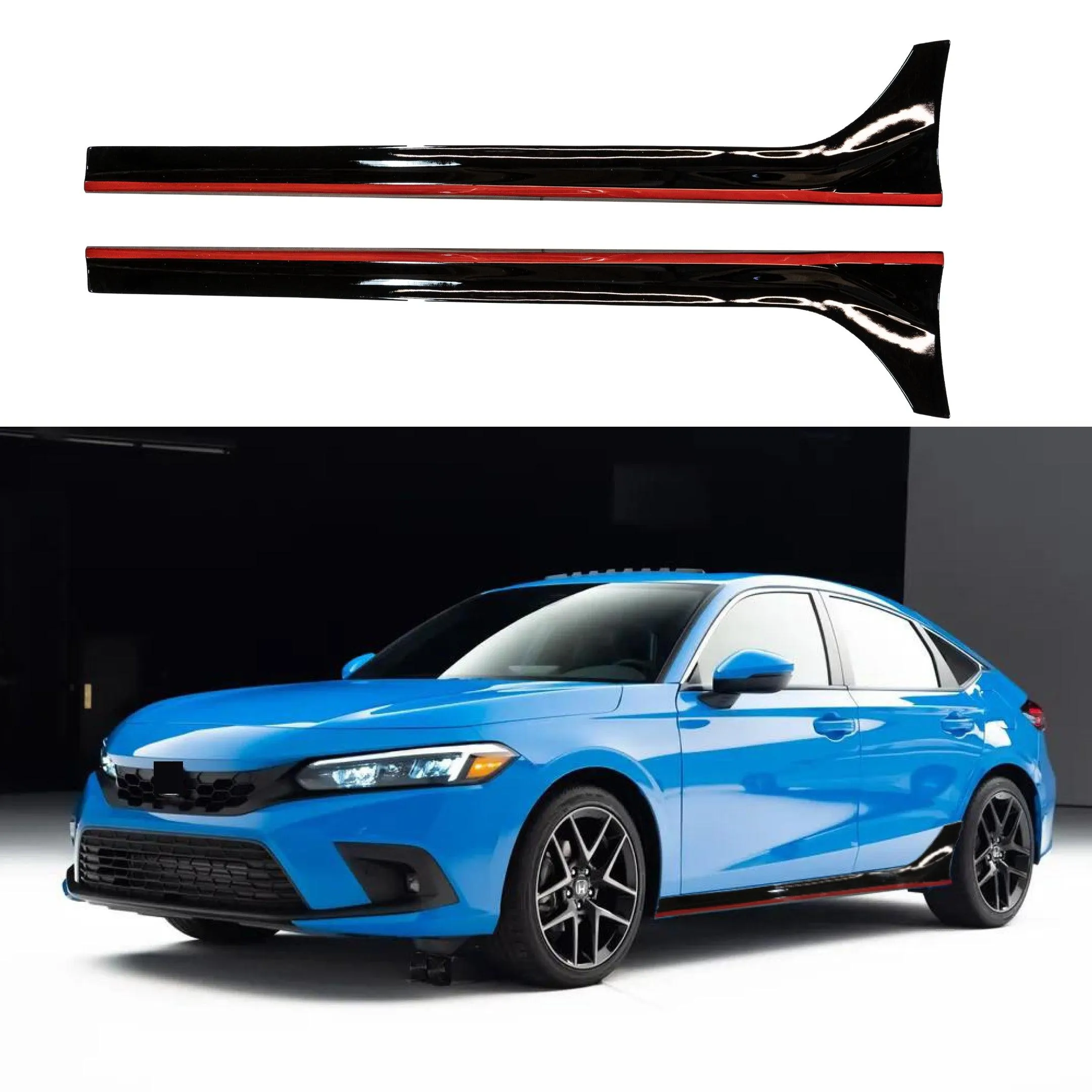 For 2022-2024 Honda Civic Side Skirts Extension Body Kit (Gloss Black/Red Stripe)