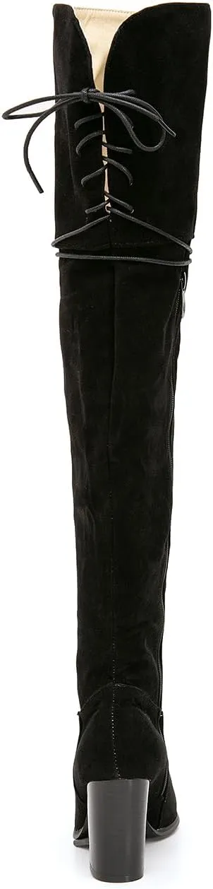 getmorebeauty Women's Over The Knee Thigh High Chunky Heel Boots Side Zipper Suede Lace-up Long Stretch Sexy Winter Boots Shoes