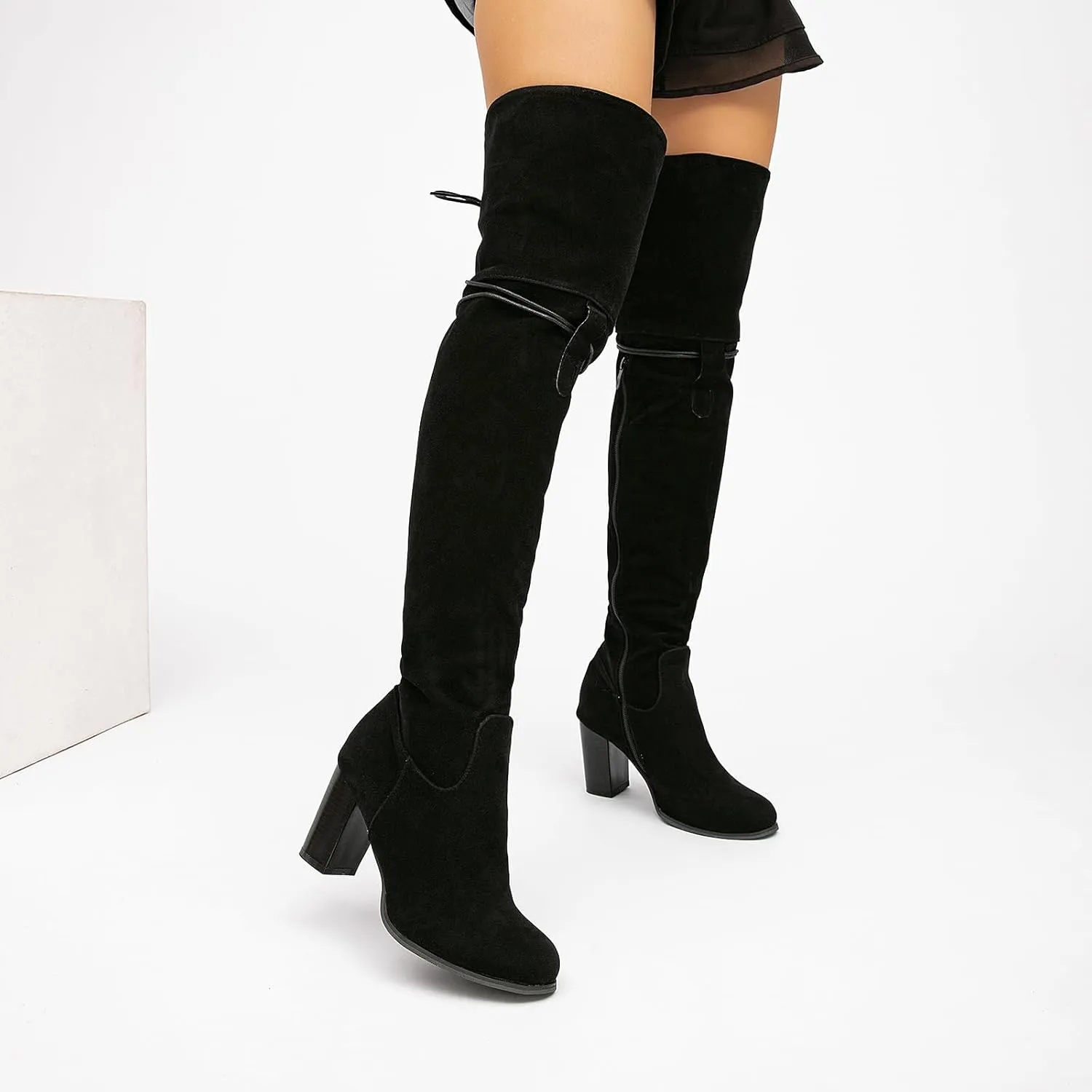 getmorebeauty Women's Over The Knee Thigh High Chunky Heel Boots Side Zipper Suede Lace-up Long Stretch Sexy Winter Boots Shoes