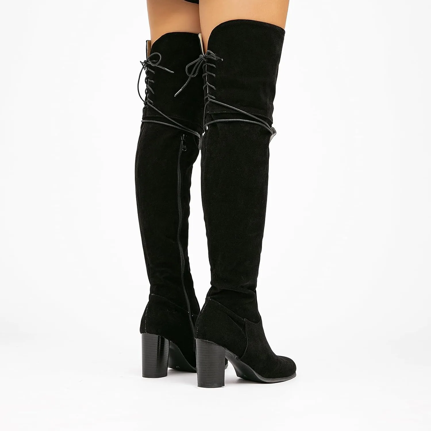 getmorebeauty Women's Over The Knee Thigh High Chunky Heel Boots Side Zipper Suede Lace-up Long Stretch Sexy Winter Boots Shoes