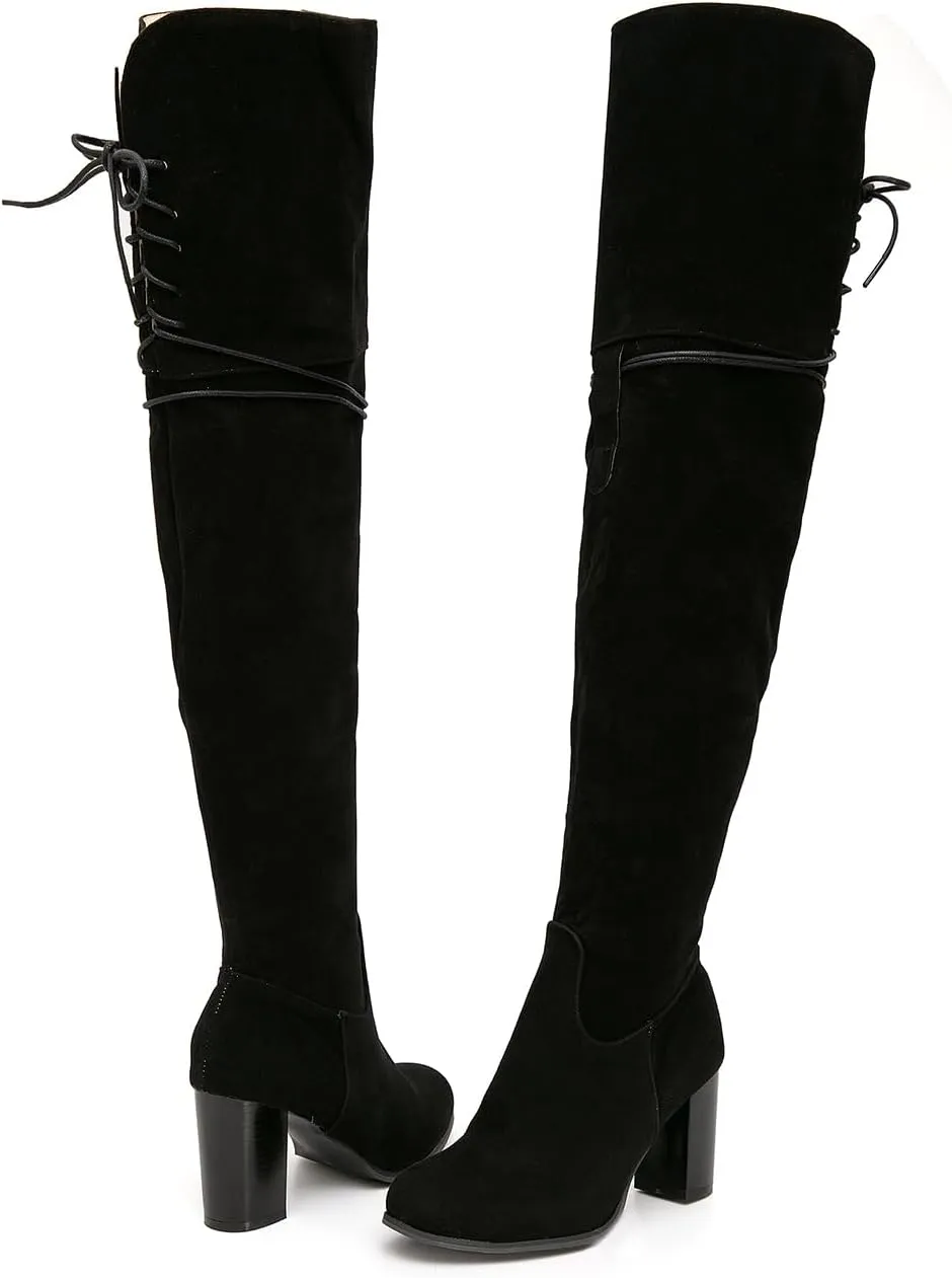getmorebeauty Women's Over The Knee Thigh High Chunky Heel Boots Side Zipper Suede Lace-up Long Stretch Sexy Winter Boots Shoes