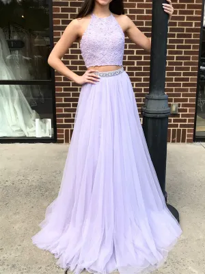 Halter Neck 2 Pieces Purple Lace Prom Dresses, Two Pieces Lace Formal Evening Dresses