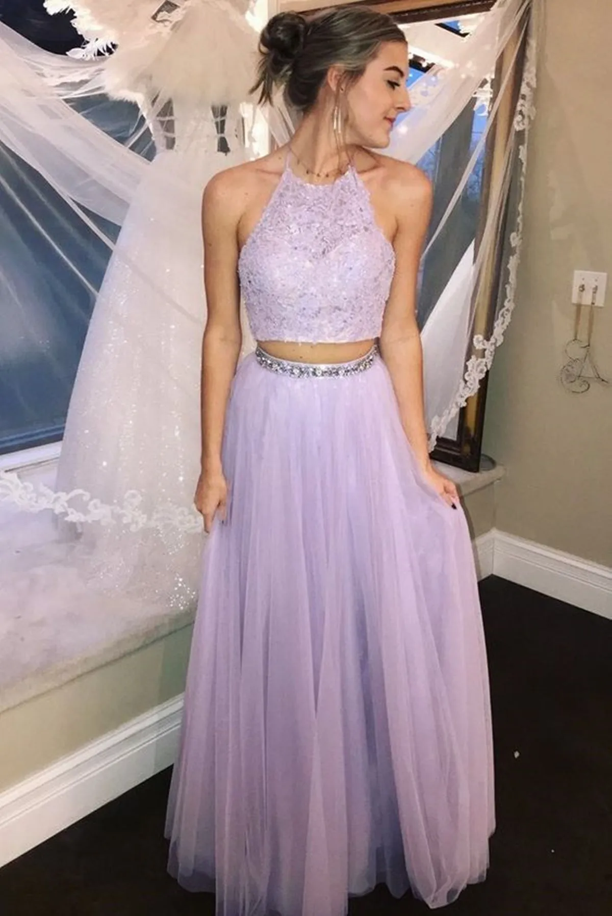 Halter Neck 2 Pieces Purple Lace Prom Dresses, Two Pieces Lace Formal Evening Dresses