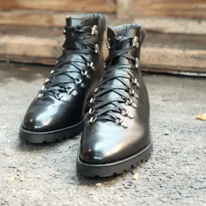 Height Increasing Black Leather Larett Chunky Hiking Combat Boots