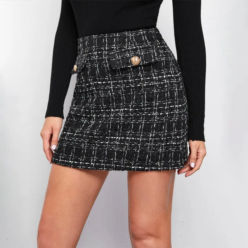 High Waist Plaid Tweed Skirt
