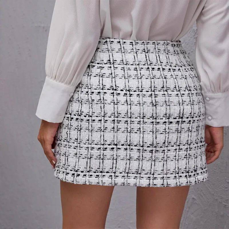 High Waist Plaid Tweed Skirt