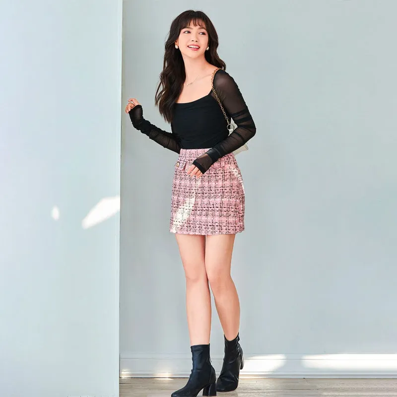 High Waist Plaid Tweed Skirt