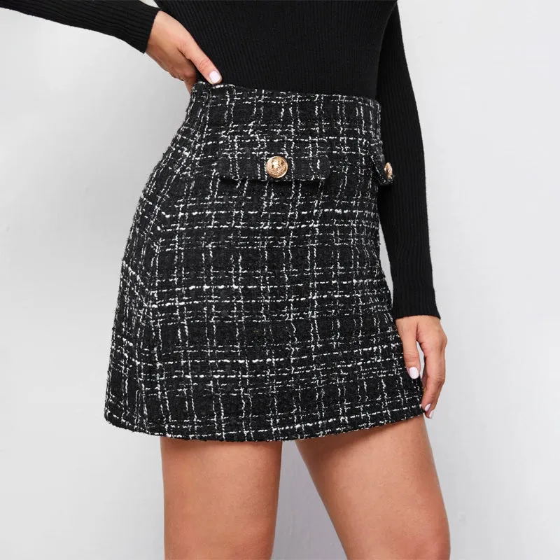 High Waist Plaid Tweed Skirt