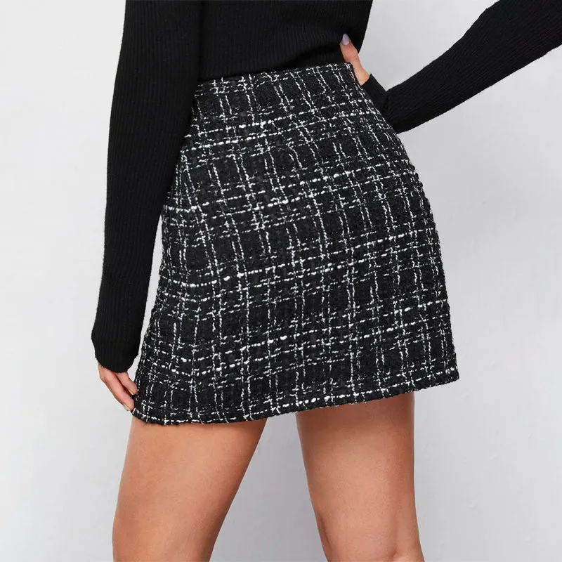 High Waist Plaid Tweed Skirt