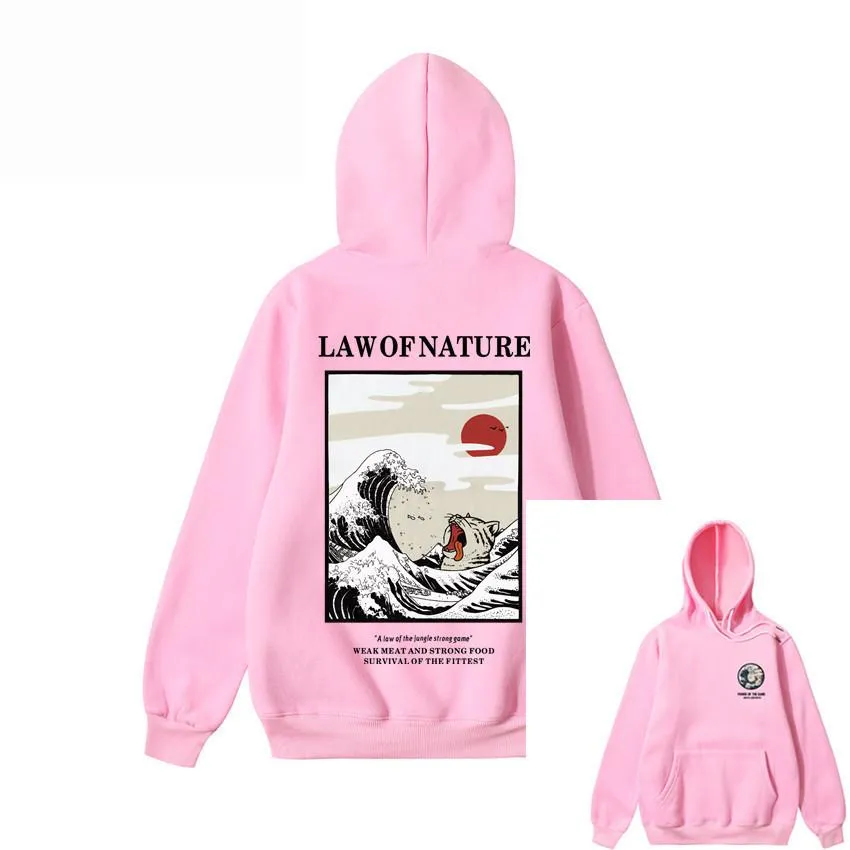 Japanese Embroidery Funny Cat Wave Printed Fleece Hoodies Winter Japan Style Hip Hop Casual Sweatshirts Streetwear