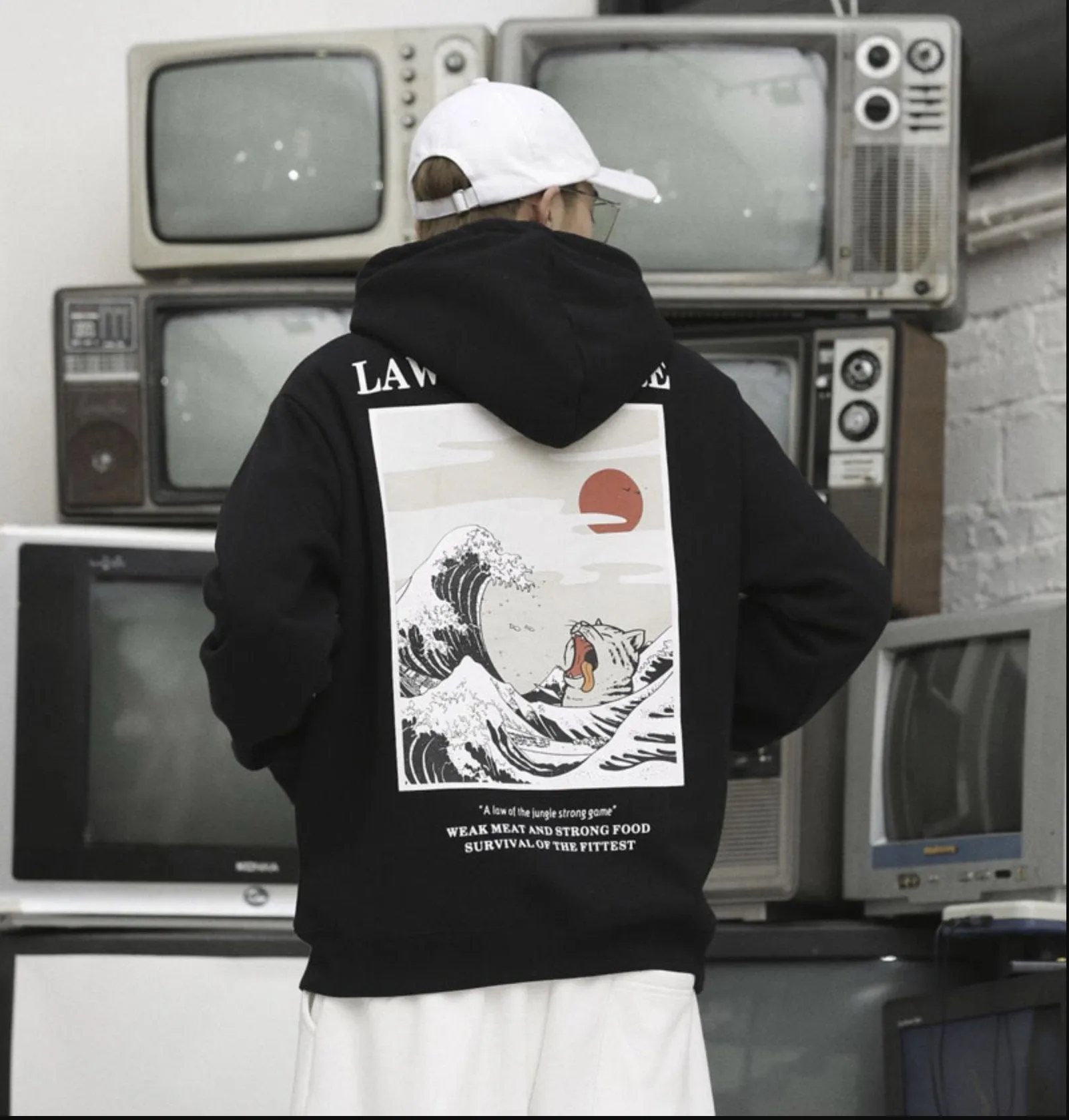 Japanese Embroidery Funny Cat Wave Printed Fleece Hoodies Winter Japan Style Hip Hop Casual Sweatshirts Streetwear