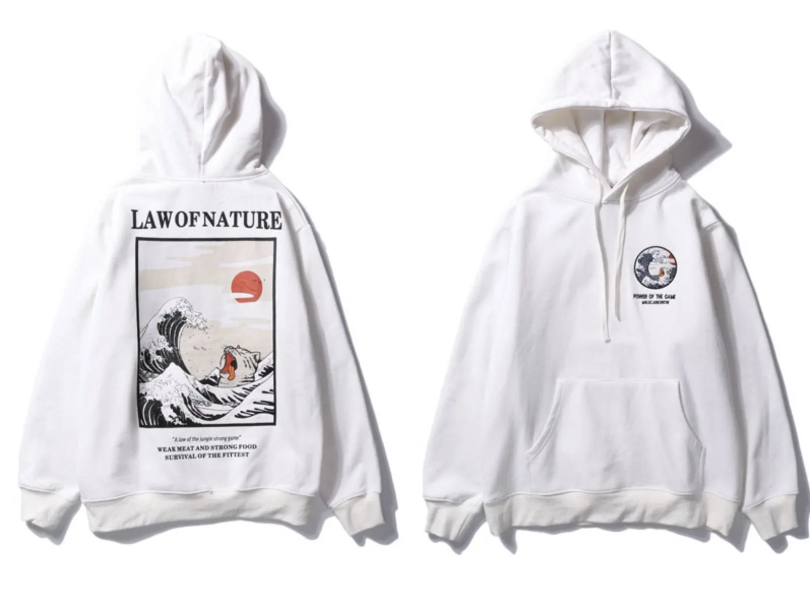 Japanese Embroidery Funny Cat Wave Printed Fleece Hoodies Winter Japan Style Hip Hop Casual Sweatshirts Streetwear