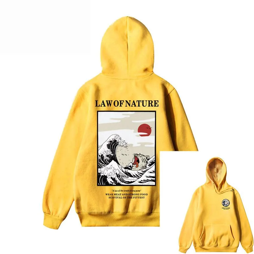 Japanese Embroidery Funny Cat Wave Printed Fleece Hoodies Winter Japan Style Hip Hop Casual Sweatshirts Streetwear