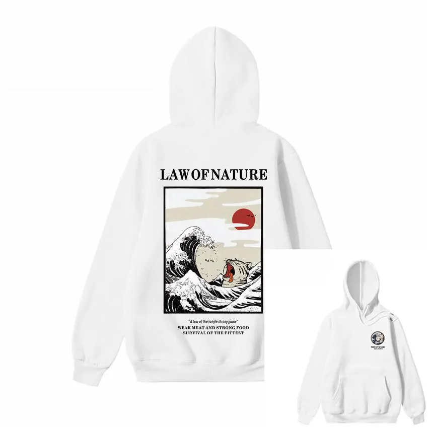 Japanese Embroidery Funny Cat Wave Printed Fleece Hoodies Winter Japan Style Hip Hop Casual Sweatshirts Streetwear