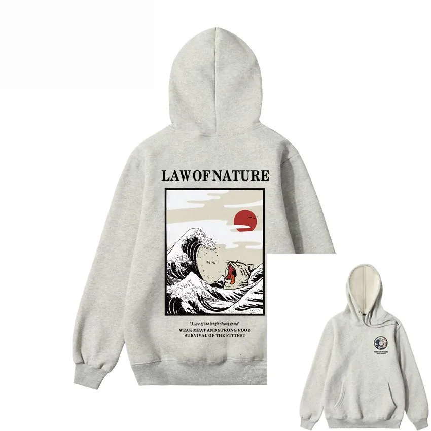 Japanese Embroidery Funny Cat Wave Printed Fleece Hoodies Winter Japan Style Hip Hop Casual Sweatshirts Streetwear