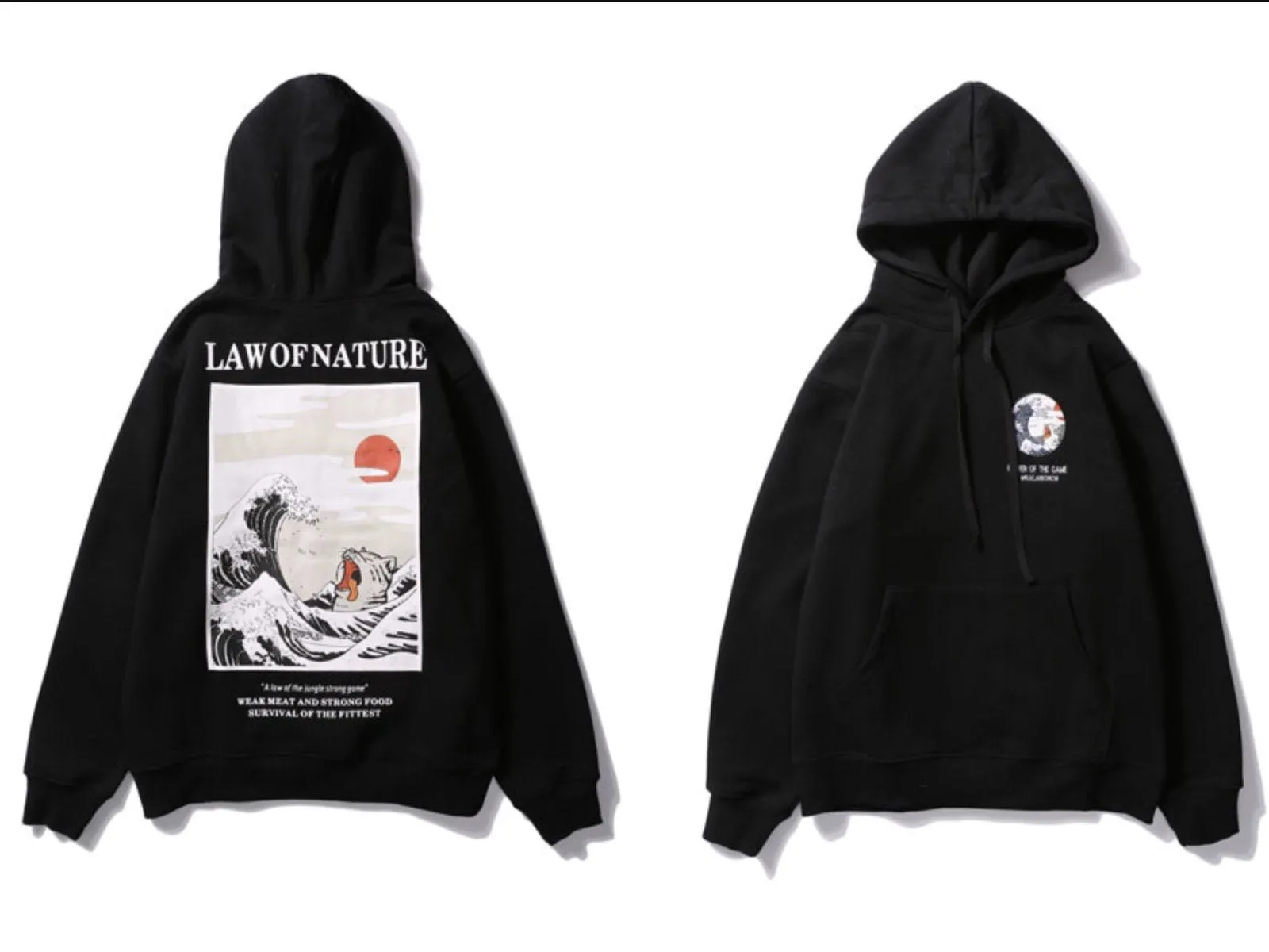 Japanese Embroidery Funny Cat Wave Printed Fleece Hoodies Winter Japan Style Hip Hop Casual Sweatshirts Streetwear