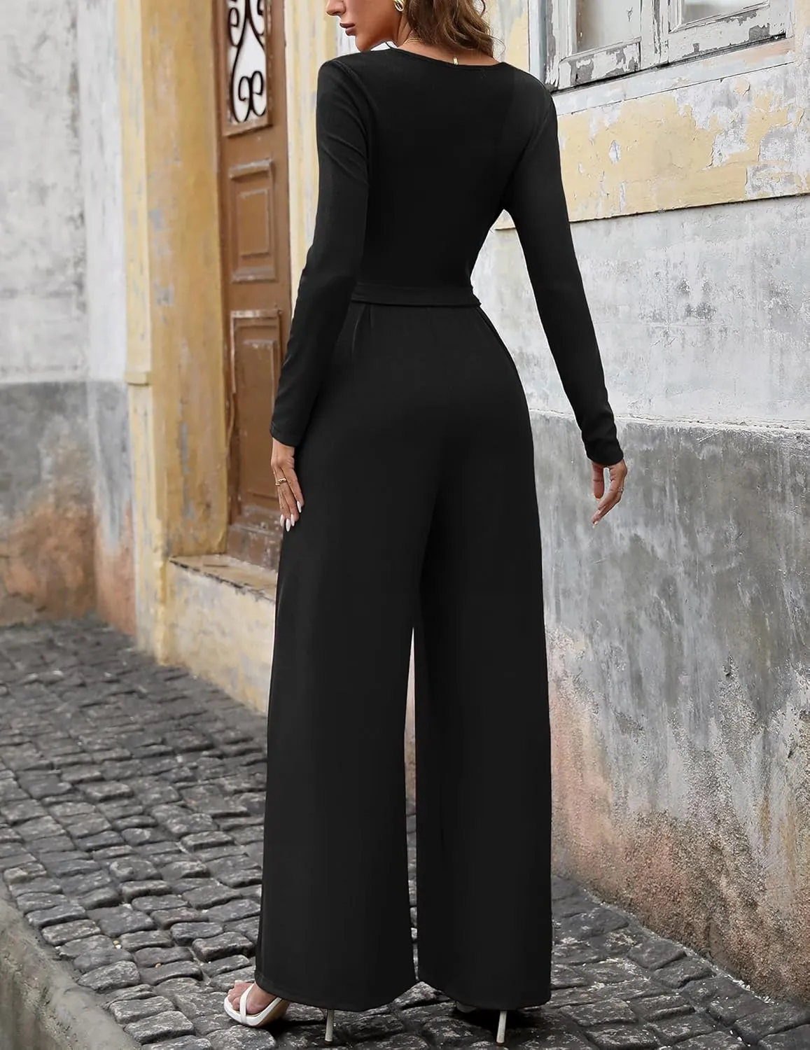 Jumpsuits For Women Dressy Long Sleeve Square Neck Casual Belted Wide Leg Long Pants Romper One Piece Outfits